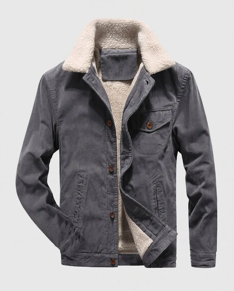 Herren Cordjacke im Trucker-Stil mit ganzflächigem Sherpa-Futter und Teddy-Kragen Drune