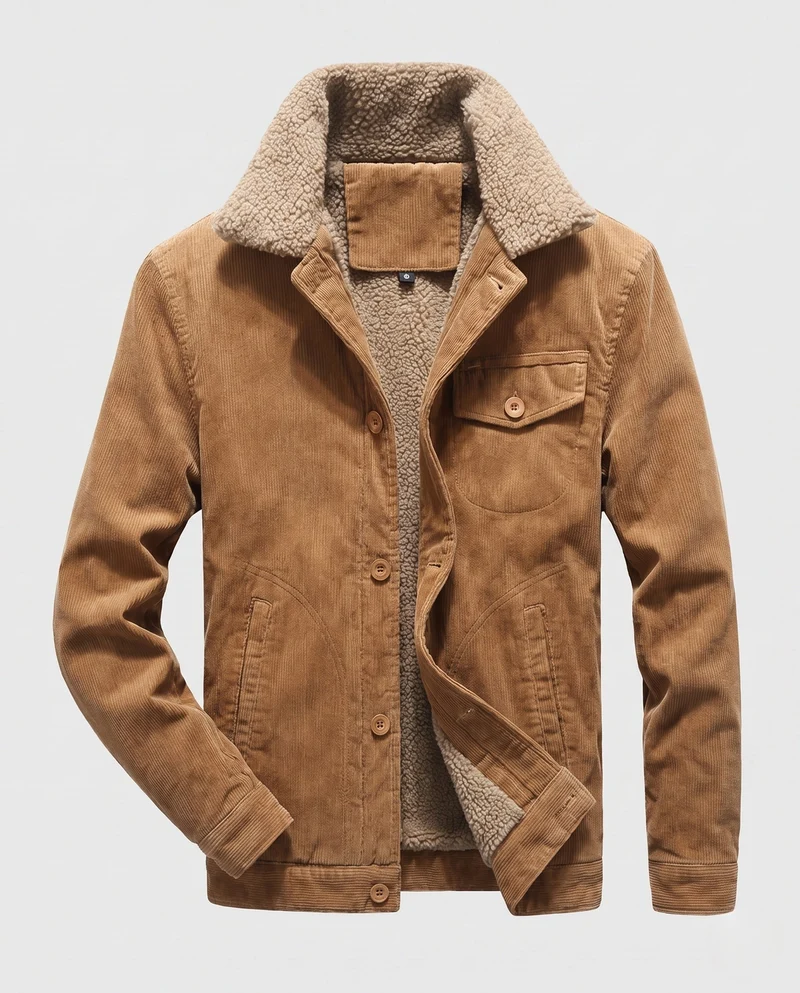 Herren Cordjacke im Trucker-Stil mit ganzflächigem Sherpa-Futter und Teddy-Kragen Drune