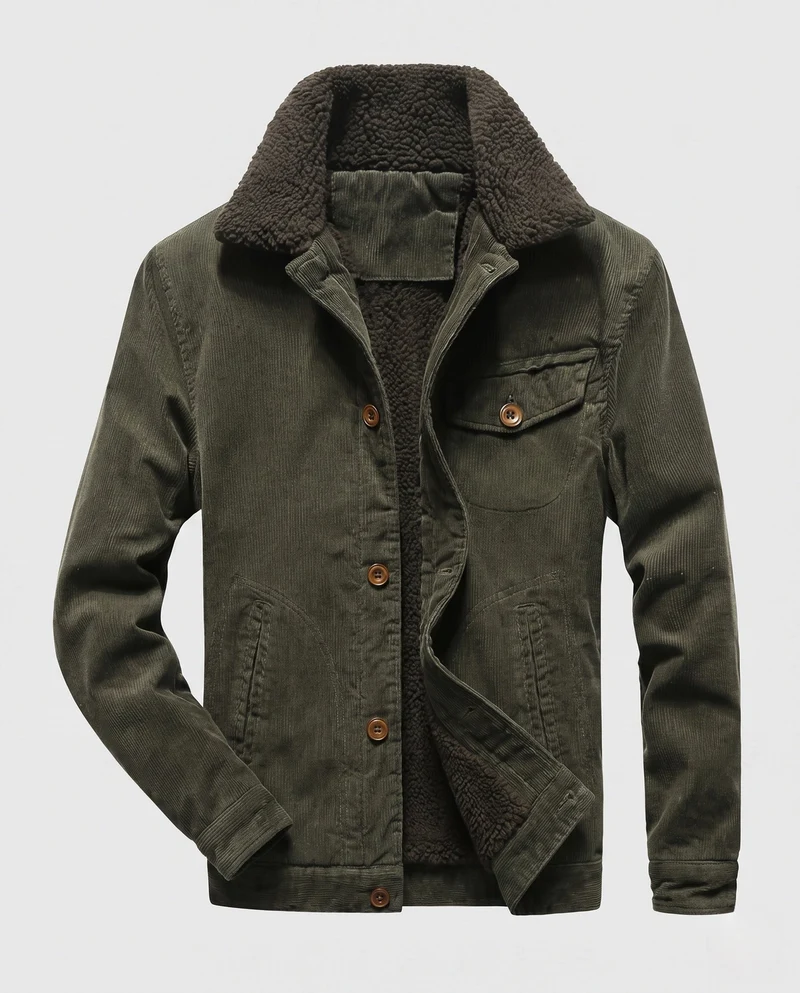 Herren Cordjacke im Trucker-Stil mit ganzflächigem Sherpa-Futter und Teddy-Kragen Drune