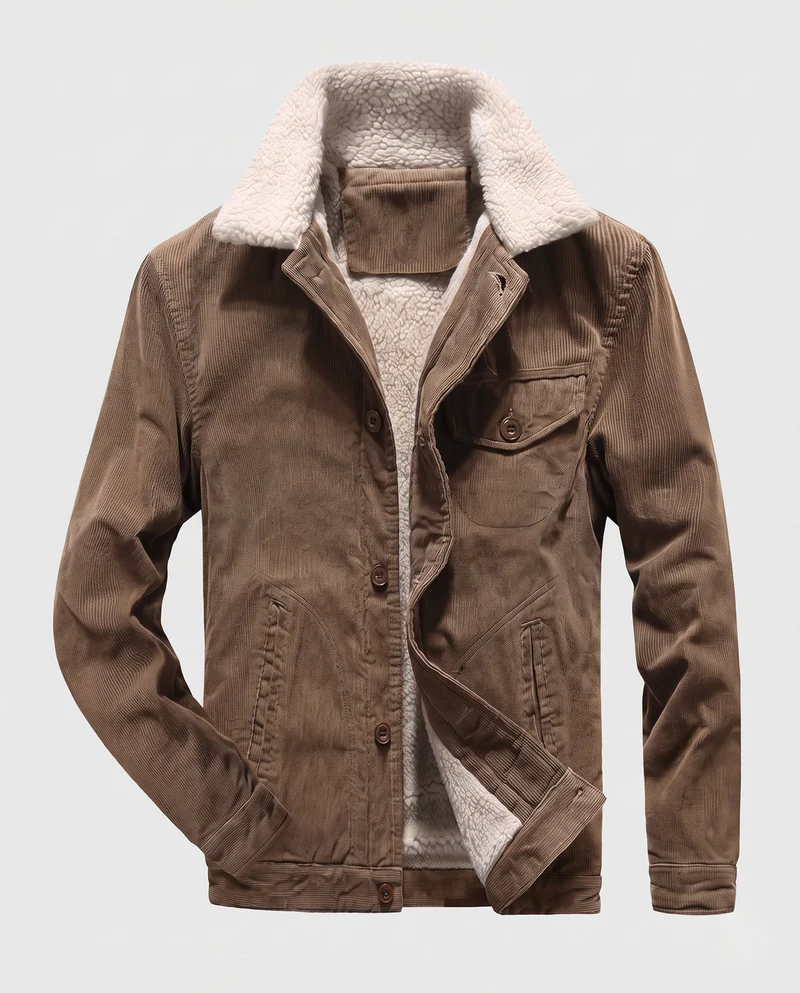 Herren Cordjacke im Trucker-Stil mit ganzflächigem Sherpa-Futter und Teddy-Kragen Drune