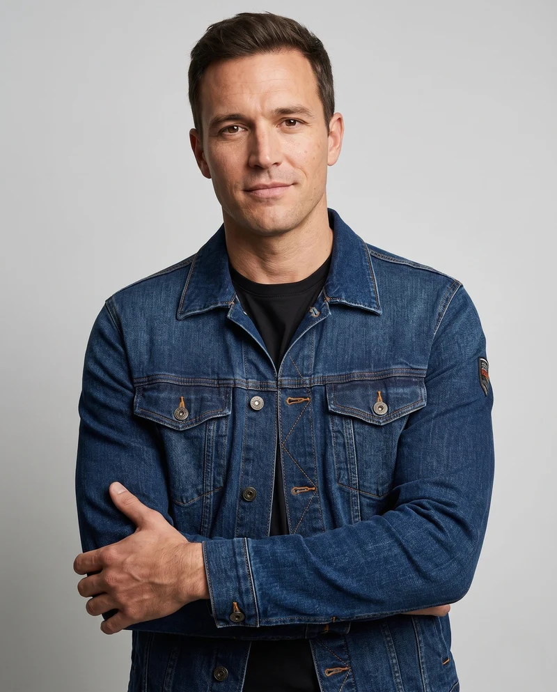 Herren-Denimjacke im Trucker-Stil mit kontrastierenden Nähten und Brustklappentaschen Drune