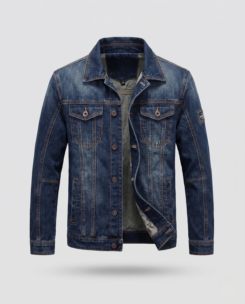 Herren-Denimjacke im Trucker-Stil mit kontrastierenden Nähten und Brustklappentaschen Drune