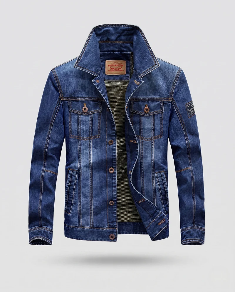 Herren-Denimjacke im Trucker-Stil mit kontrastierenden Nähten und Brustklappentaschen Drune