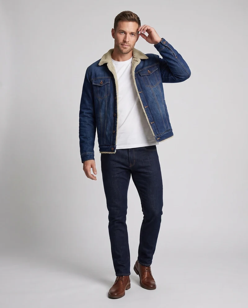 Herren Jeans Truckerjacke mit Teddyfutter, klassischem Hemdkragen und Knopfleiste Drune