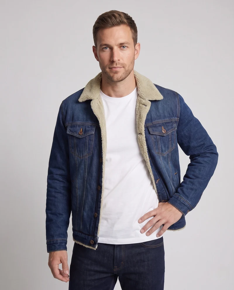Herren Jeans Truckerjacke mit Teddyfutter, klassischem Hemdkragen und Knopfleiste Drune