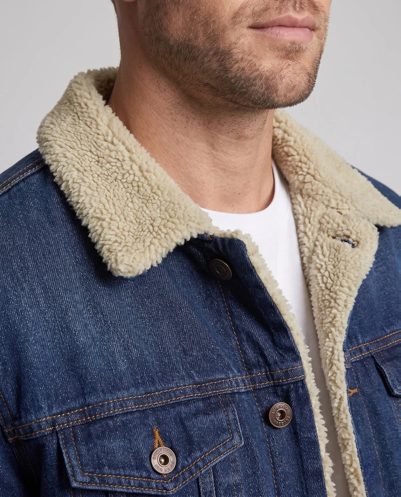 Herren Jeans Truckerjacke mit Teddyfutter, klassischem Hemdkragen und Knopfleiste Drune