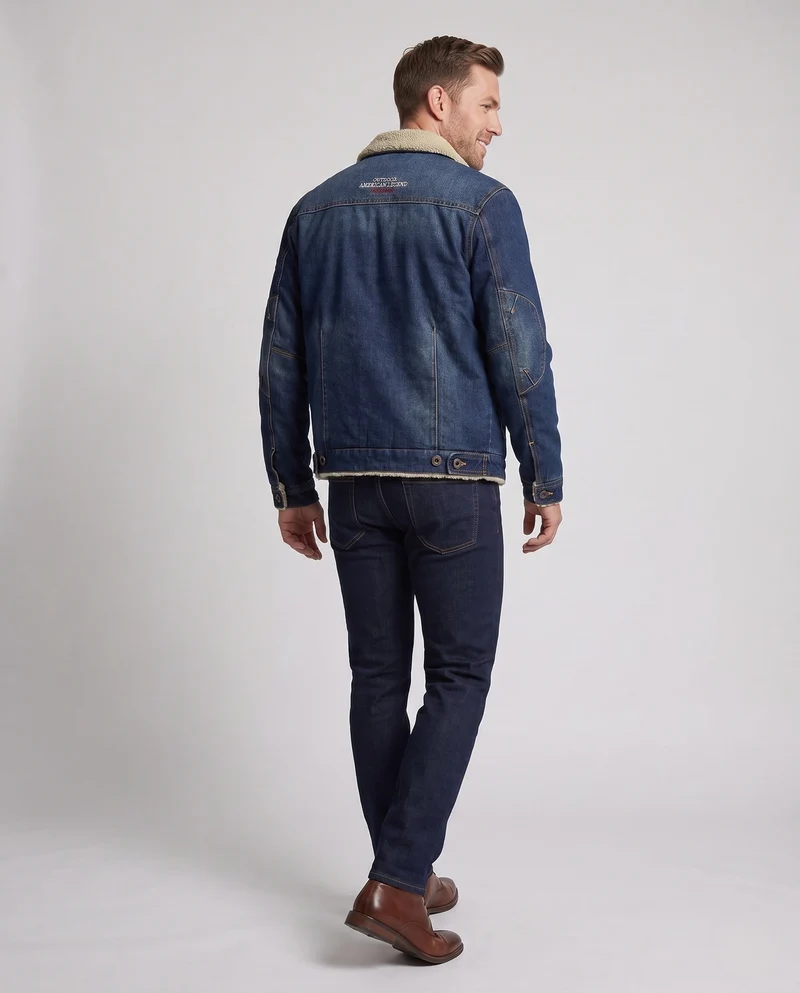 Herren Jeans Truckerjacke mit Teddyfutter, klassischem Hemdkragen und Knopfleiste Drune