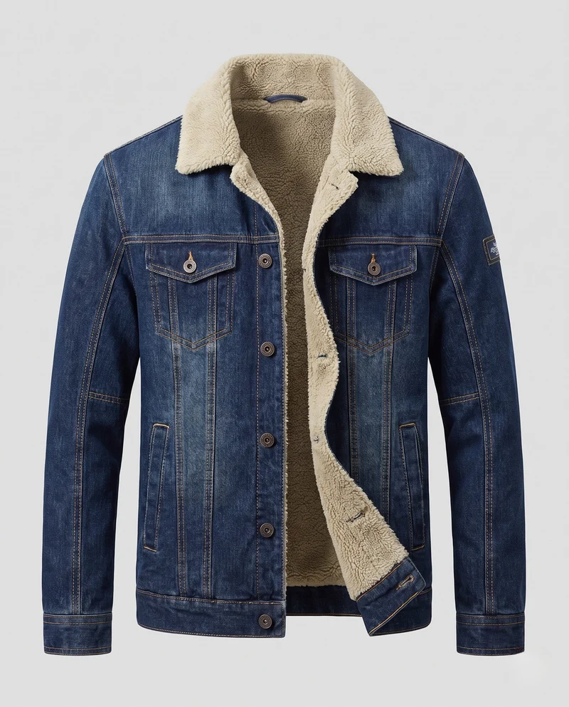 Herren Jeans Truckerjacke mit Teddyfutter, klassischem Hemdkragen und Knopfleiste Drune