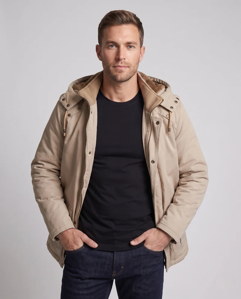 Herren Feldparka im Canvas-Look mit wärmendem Teddy-Fleece-Futter und Utility-Taschen Drune