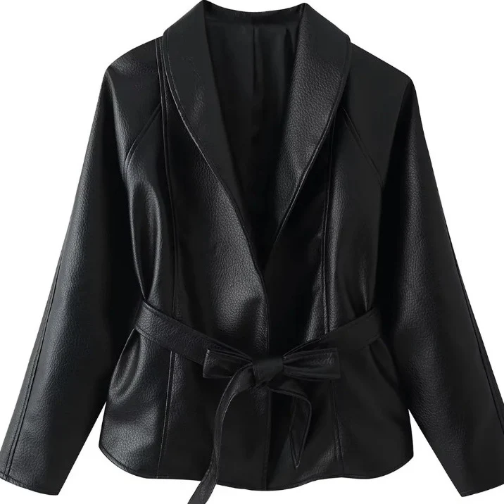 Damen Taillierte Blazerjacke aus Lederimitat mit Schalkragen und Bindegürtel Drune