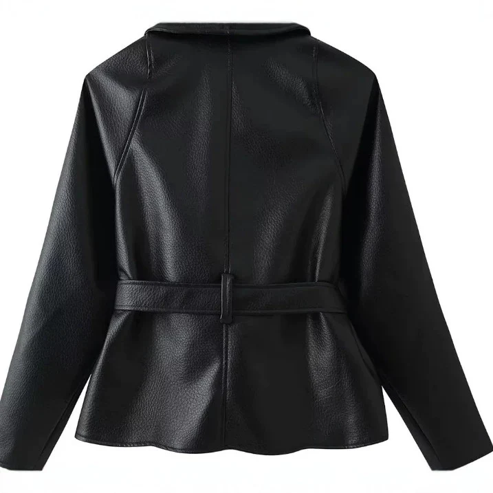 Damen Taillierte Blazerjacke aus Lederimitat mit Schalkragen und Bindegürtel Drune