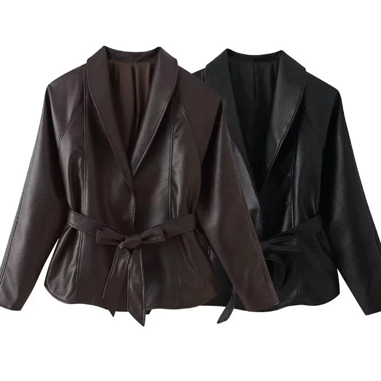 Damen Taillierte Blazerjacke aus Lederimitat mit Schalkragen und Bindegürtel Drune