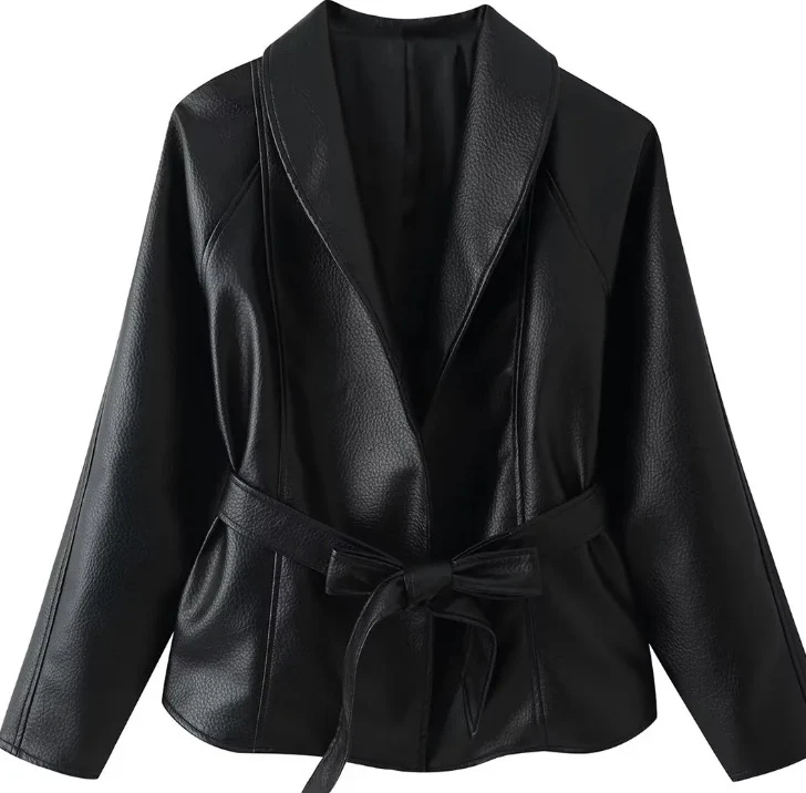 Damen Taillierte Blazerjacke aus Lederimitat mit Schalkragen und Bindegürtel Drune