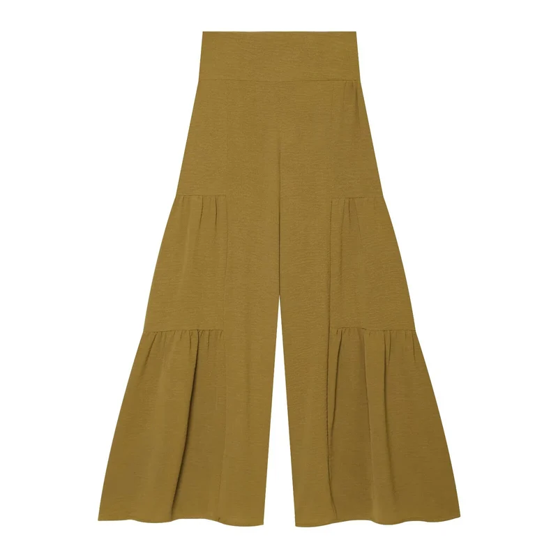Damen Stufige Wide‑Leg Jersey‑Hose mit hoher Bundpassform und Volantdetails Drune