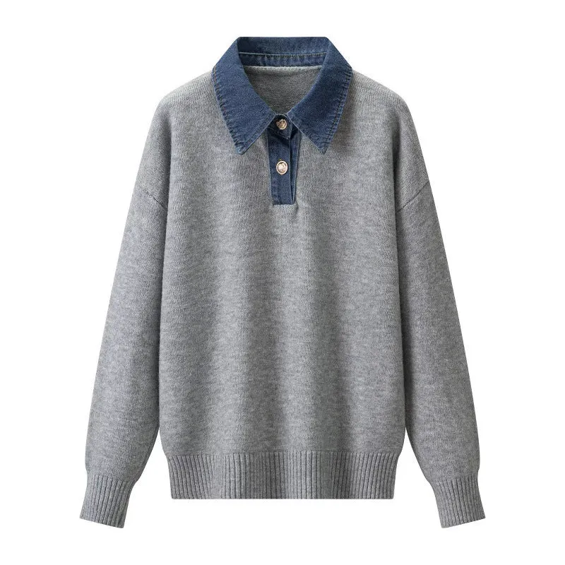 Damen Strickpullover mit Denimkragen und zweiknopf-Poloblende Drune