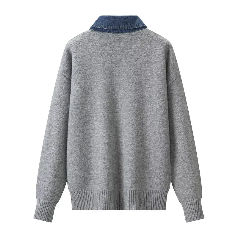 Damen Strickpullover mit Denimkragen und zweiknopf-Poloblende Drune