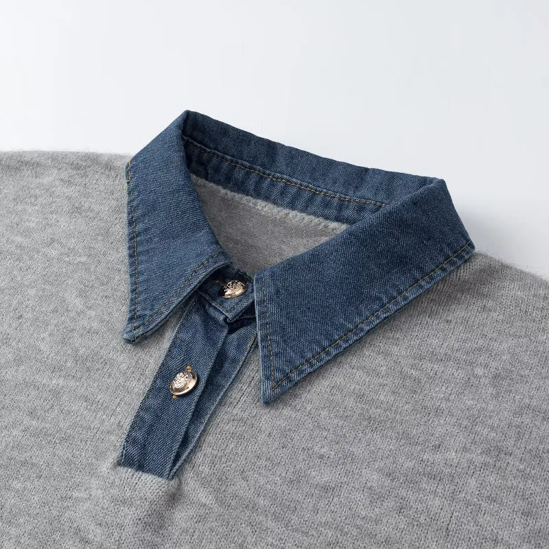 Damen Strickpullover mit Denimkragen und zweiknopf-Poloblende Drune