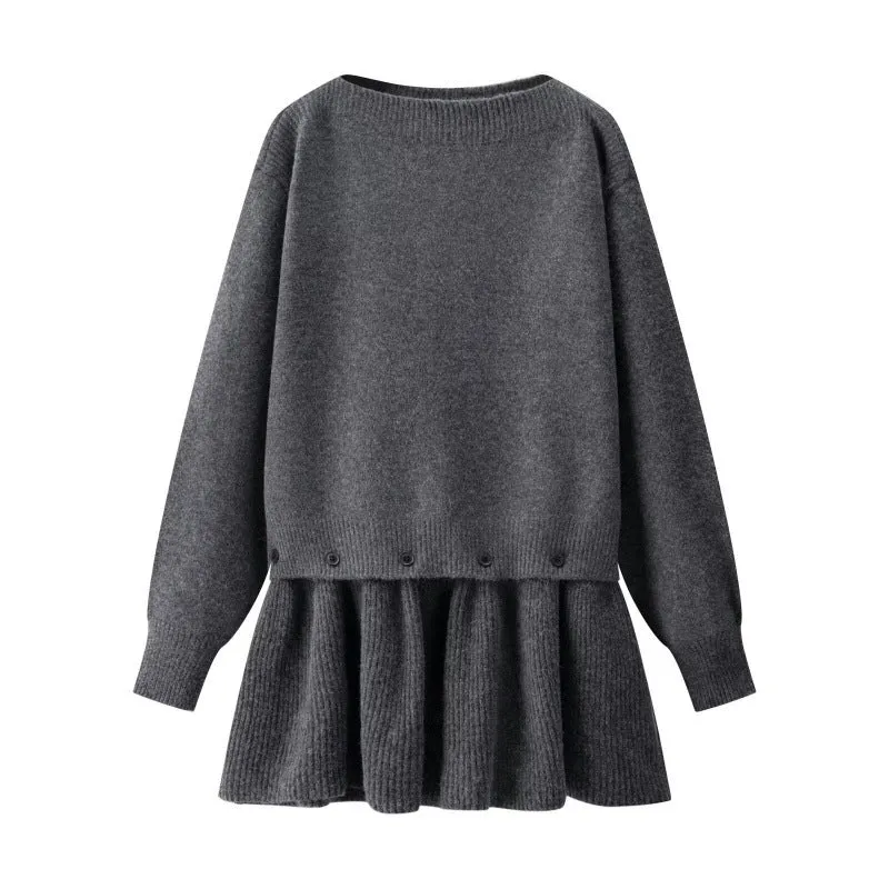 Damen Strickkleid mit angesetztem Volantrock und dekorativer Knopfleiste Drune