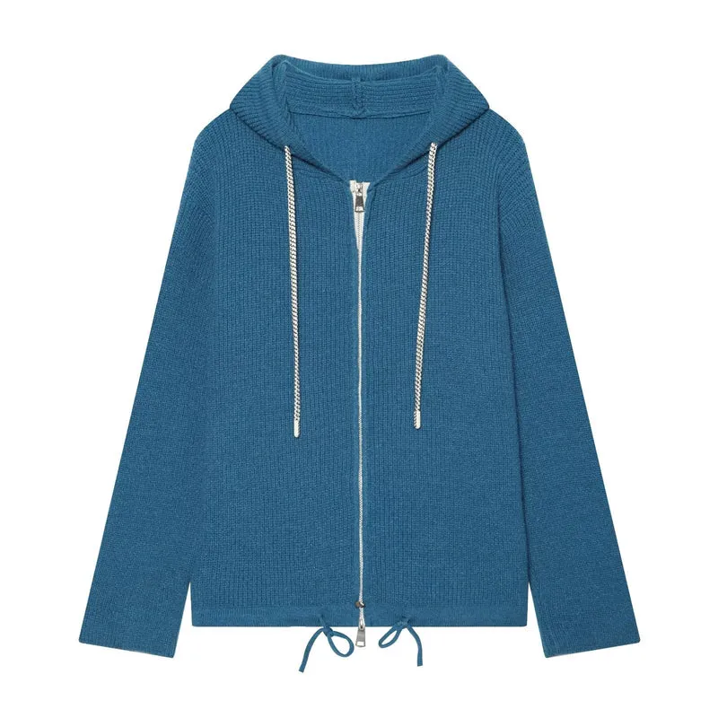 Damen Strickkapuzenjacke mit durchgehendem Reißverschluss, Rippenstruktur und Tunnelzug Drune