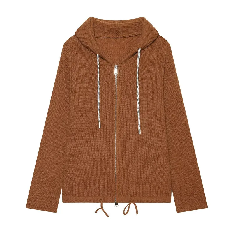 Damen Strickkapuzenjacke mit durchgehendem Reißverschluss, Rippenstruktur und Tunnelzug Drune