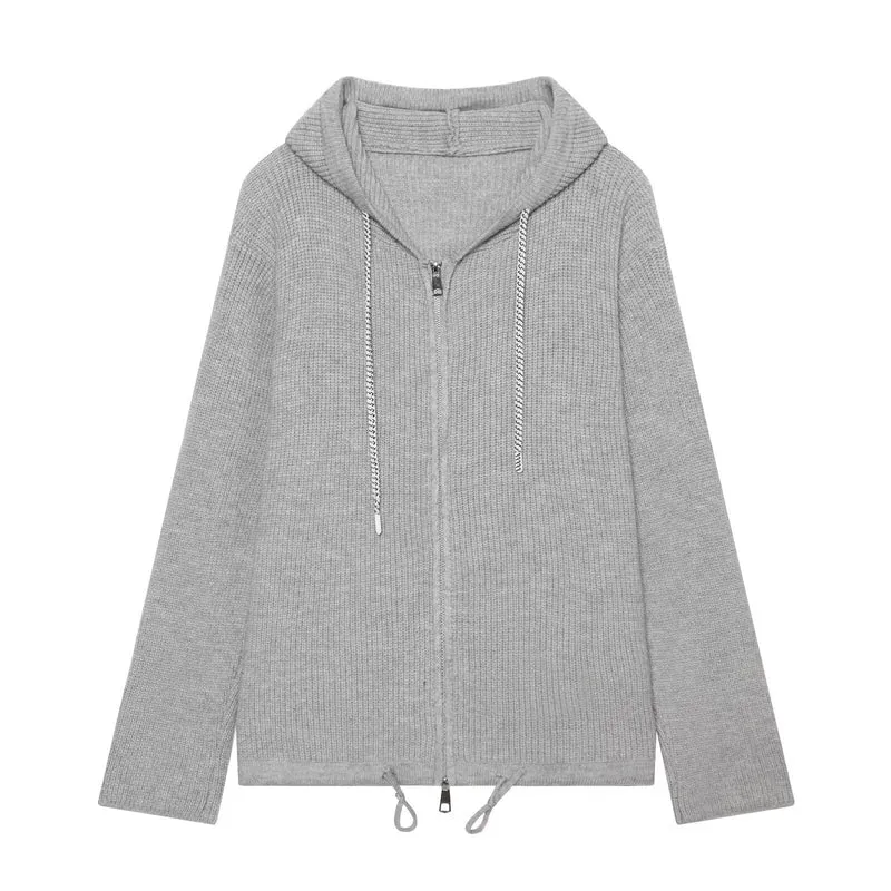 Damen Strickkapuzenjacke mit durchgehendem Reißverschluss, Rippenstruktur und Tunnelzug Drune