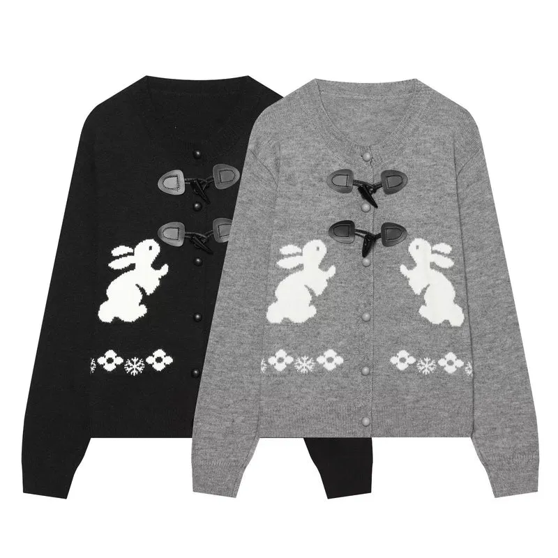 Damen Strickcardigan mit Hasenintarsien und dekorativem Knebelverschluss Drune