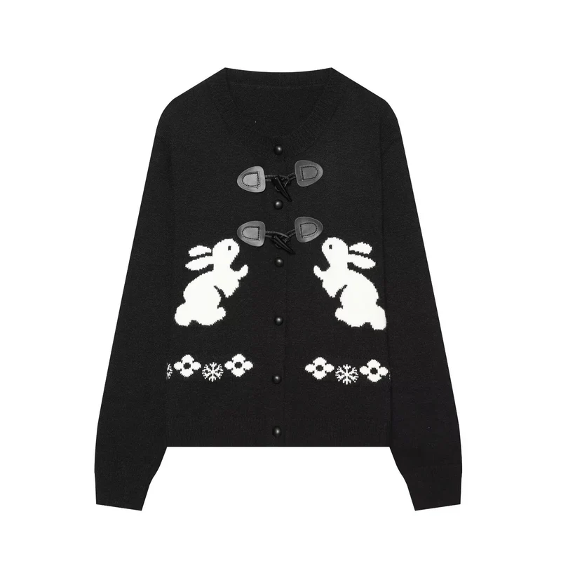 Damen Strickcardigan mit Hasenintarsien und dekorativem Knebelverschluss Drune