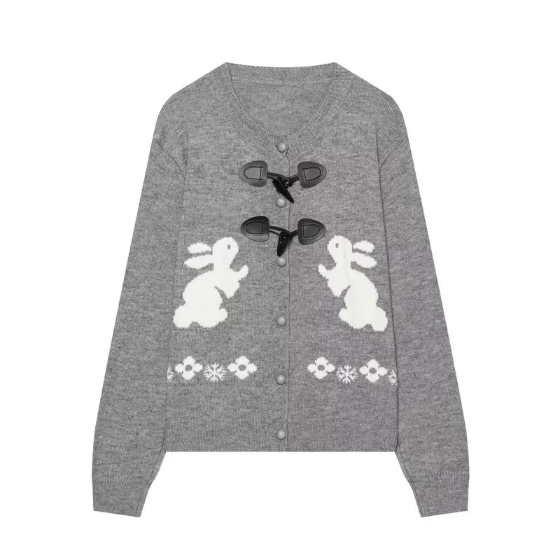 Damen Strickcardigan mit Hasenintarsien und dekorativem Knebelverschluss Drune