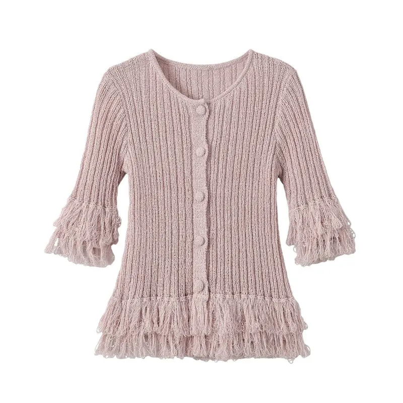 Damen Strickcardigan mit Fransenstufen und Glockenärmeln Drune