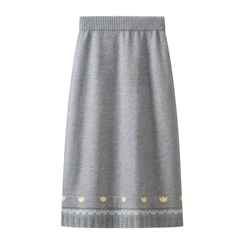 Damen Strick-Set aus Feinstrick mit Schalkragenpullover und hohem Taillen-Midirock Drune