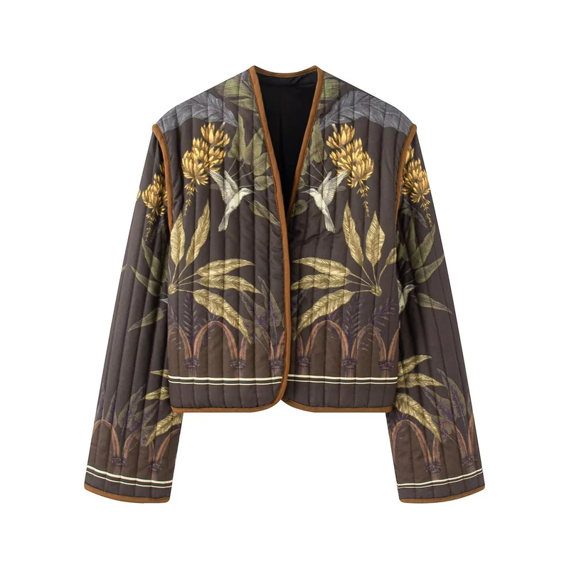 Damen Steppjacke im Cropped‑Schnitt mit botanischem Print und Kontrastpaspel Drune