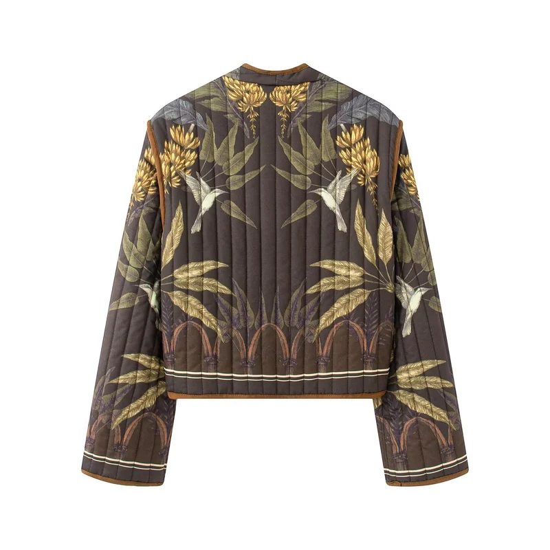 Damen Steppjacke im Cropped‑Schnitt mit botanischem Print und Kontrastpaspel Drune