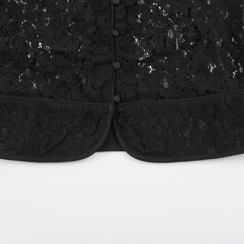 Damen Spitzenjacke im Blusenstil mit Stehkragen und Puffärmeln Drune