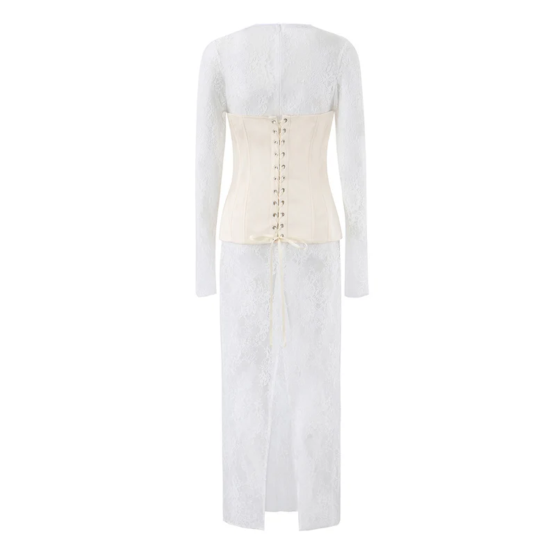 Damen Spitzen‑Maxikleid mit Korsett‑Oberteil und langen Ärmeln Drune