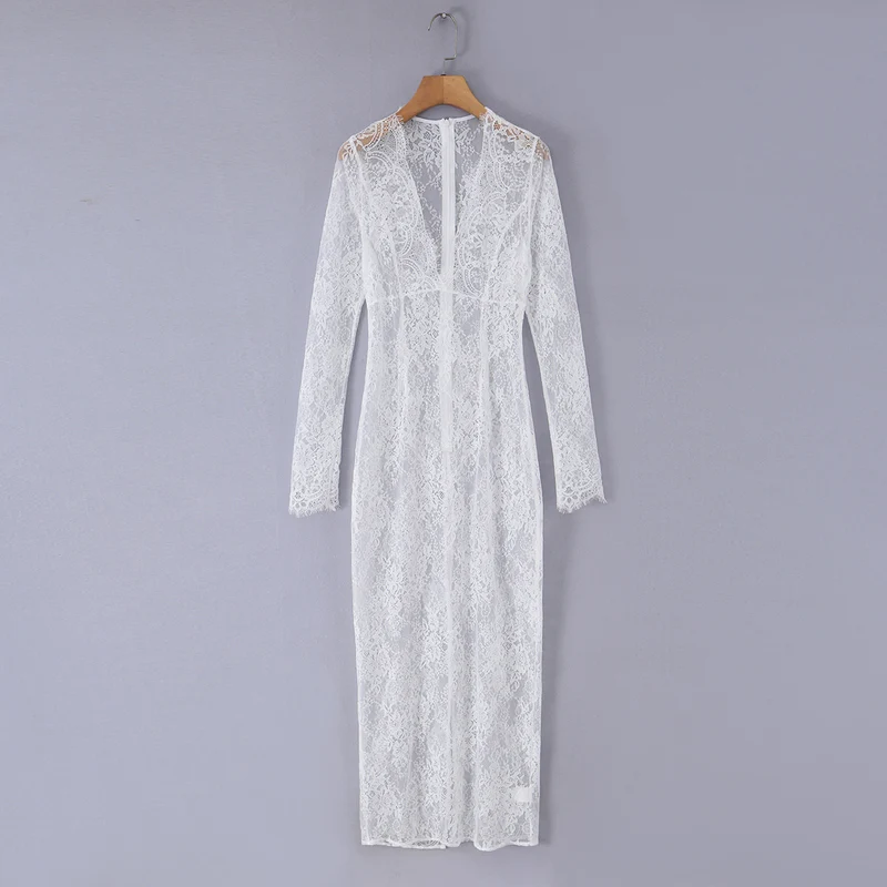 Damen Spitzen‑Maxikleid mit Korsett‑Oberteil und langen Ärmeln Drune