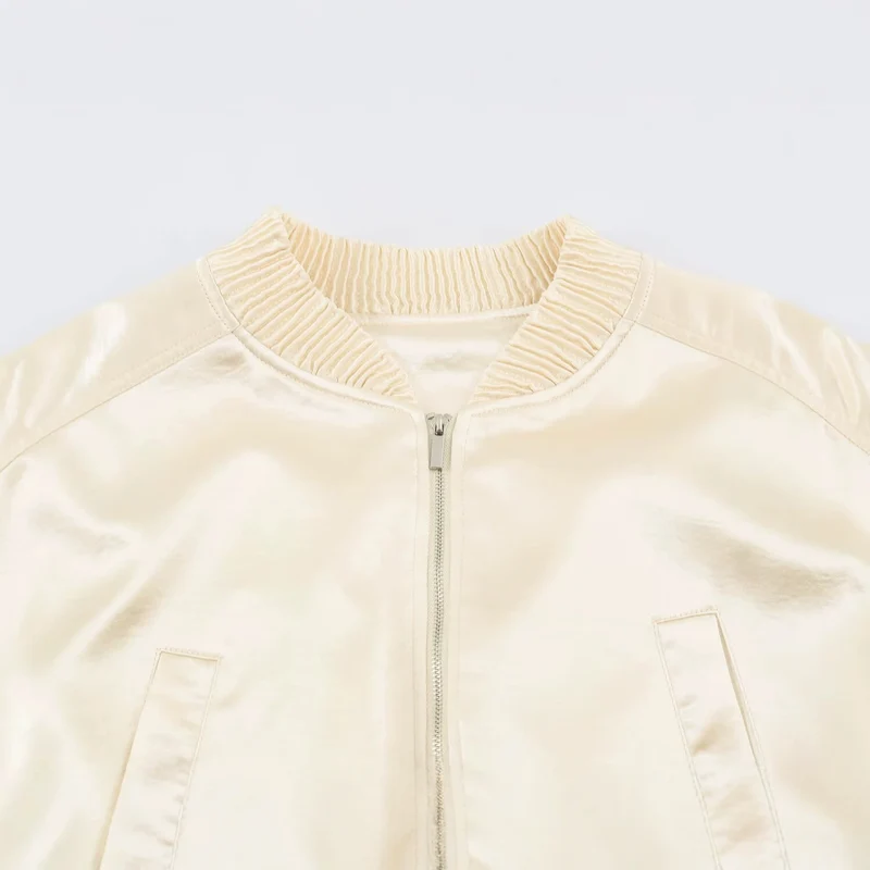 Damen Seidiger Cropped Bomber mit gerafftem Saum, Raglanärmeln und Eingrifftaschen Drune