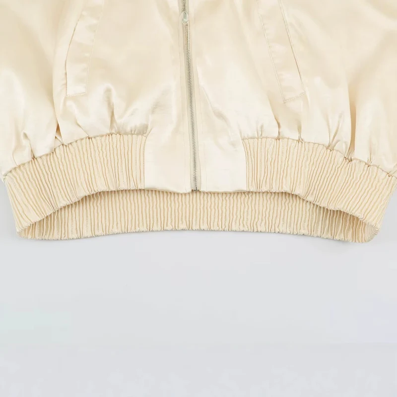 Damen Seidiger Cropped Bomber mit gerafftem Saum, Raglanärmeln und Eingrifftaschen Drune