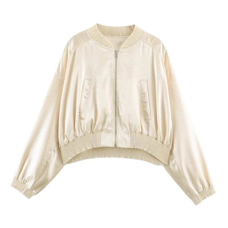 Damen Seidiger Cropped Bomber mit gerafftem Saum, Raglanärmeln und Eingrifftaschen Drune