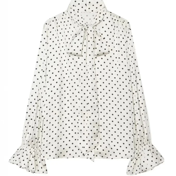Damen Seidenoptik‑Bluse mit Schleifenkragen und Volantmanschetten Drune