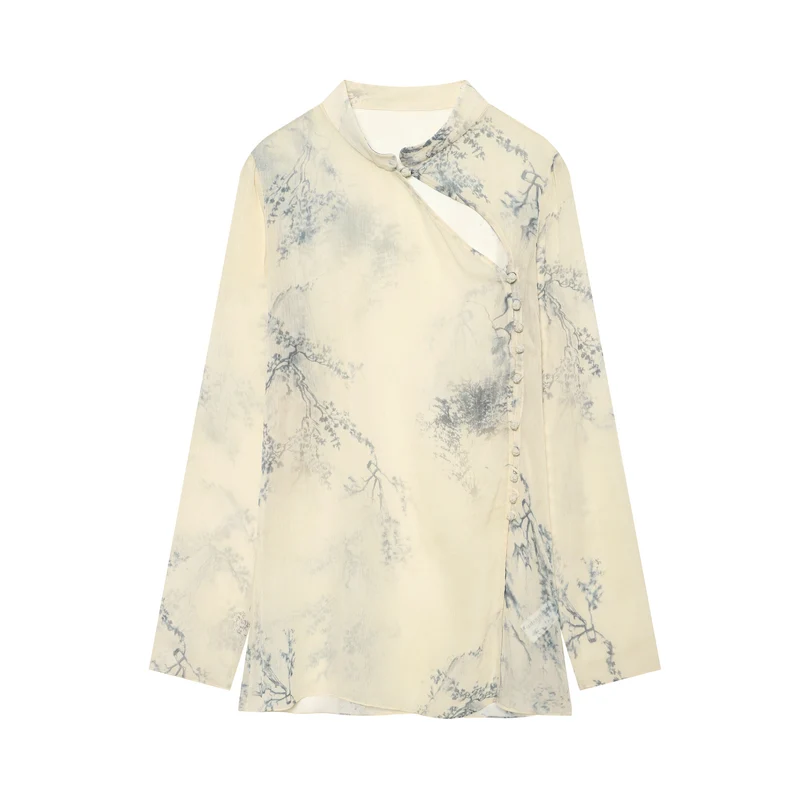 Damen Seidenbluse im Kimono‑Stil mit Mandarinkragen und dekorativer Knotenknopfleiste Drune