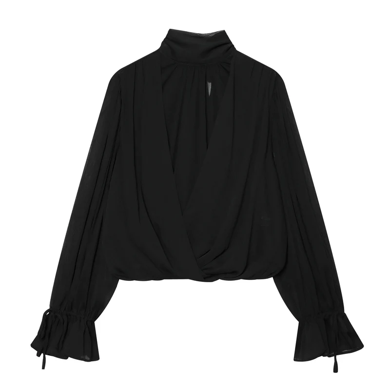 Damen Schlupfbluse mit Schleifenkragen, plissierten Volantärmeln und elastischem Saum Drune