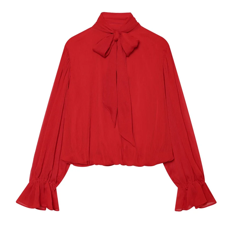 Damen Schlupfbluse mit Schleifenkragen, plissierten Volantärmeln und elastischem Saum Drune