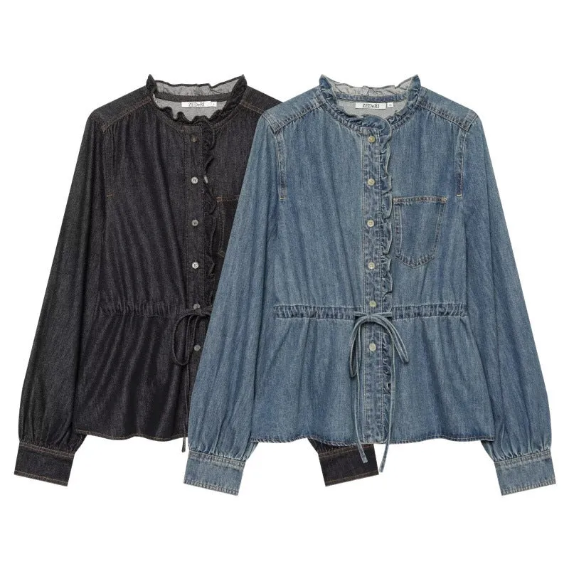 Damen Rüschenbluse aus Denim‑Optik mit Tunnelzugtaillierung und Knopfleiste Drune