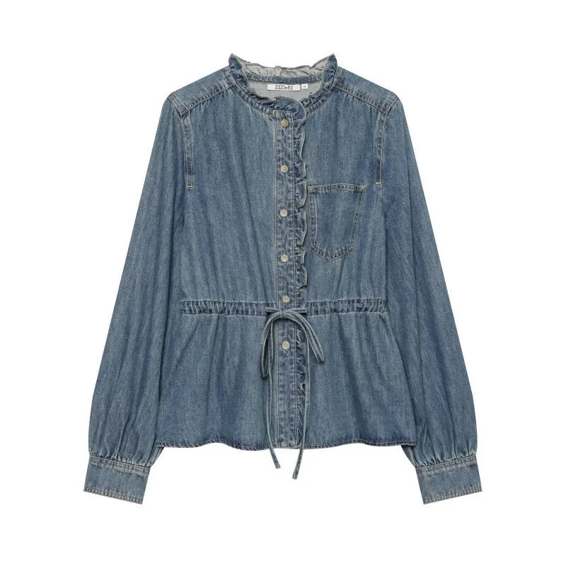 Damen Rüschenbluse aus Denim‑Optik mit Tunnelzugtaillierung und Knopfleiste Drune