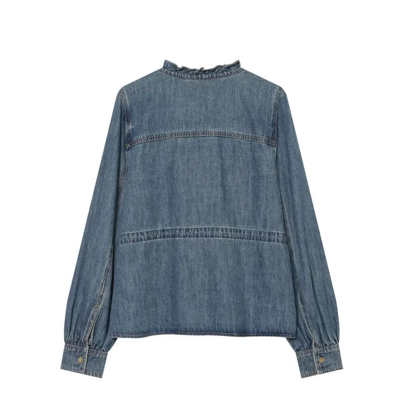 Damen Rüschenbluse aus Denim‑Optik mit Tunnelzugtaillierung und Knopfleiste Drune
