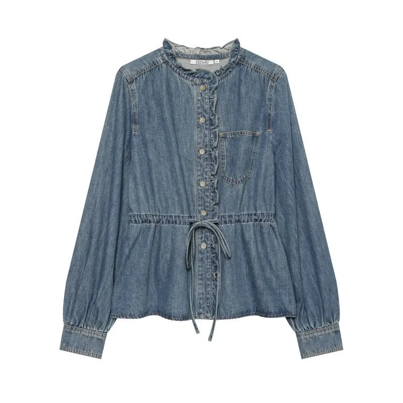 Damen Rüschenbluse aus Denim‑Optik mit Tunnelzugtaillierung und Knopfleiste Drune
