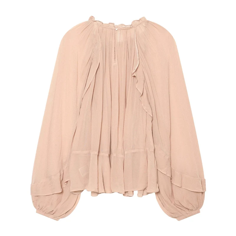 Damen Rüschenbluse aus Chiffon mit Plissee und Ballonärmeln Drune
