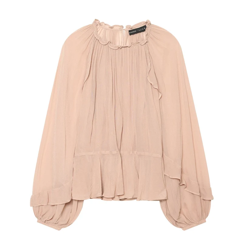 Damen Rüschenbluse aus Chiffon mit Plissee und Ballonärmeln Drune