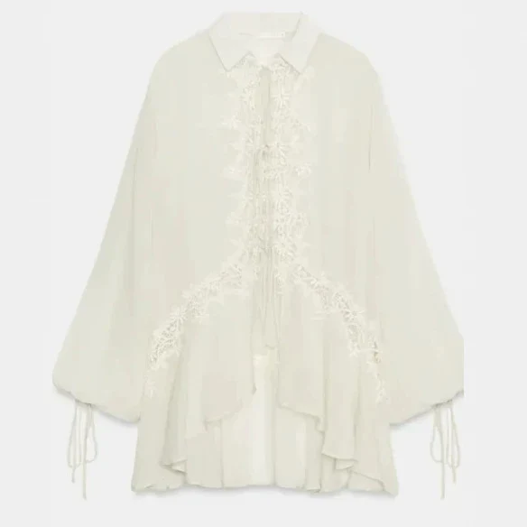 Damen Romantische Tunika‑Bluse mit Spitzenapplikation, Volantsaum und Ballonärmeln Drune
