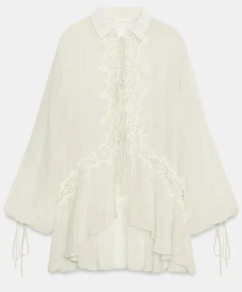 Damen Romantische Tunika‑Bluse mit Spitzenapplikation, Volantsaum und Ballonärmeln Drune